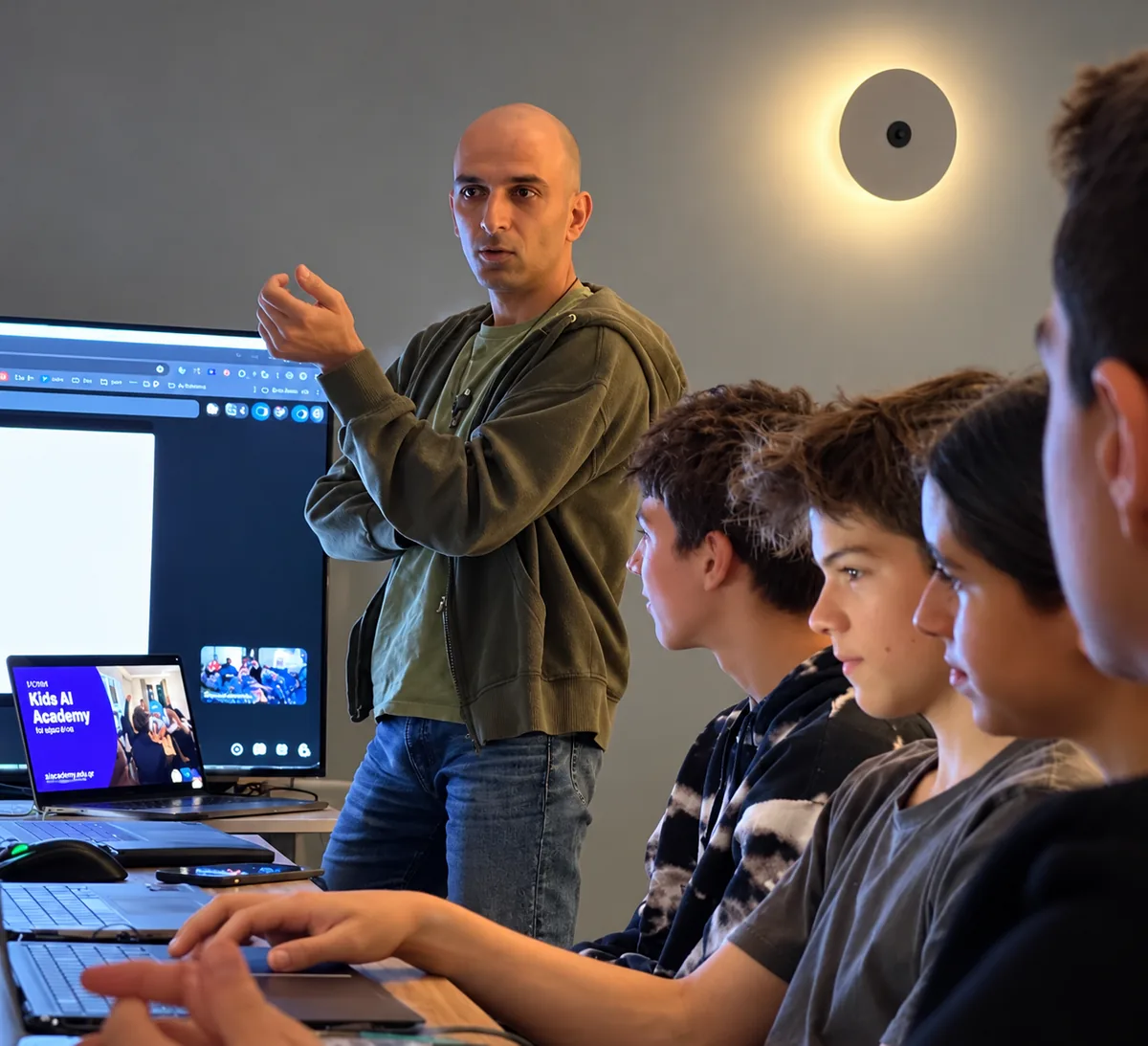 Εκπαιδευτής με εφήβους γύρω από τραπέζι με laptops και οθόνη