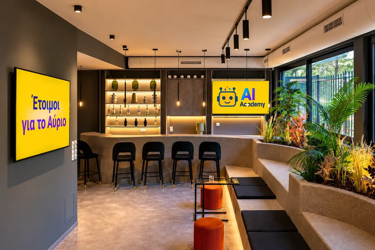 Bar με καμπύλο πάγκο και δύο κίτρινες οθόνες της AI Academy