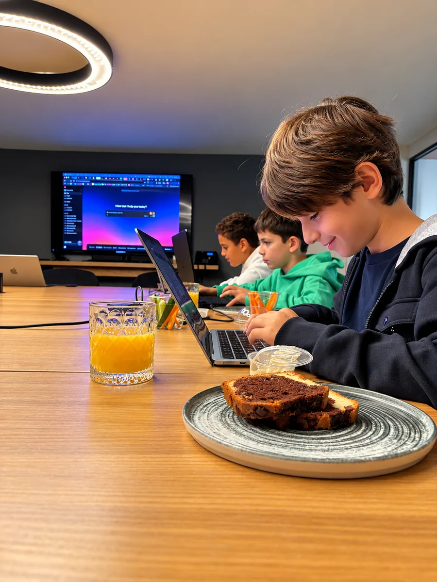 Τρία παιδιά δουλεύουν σε laptops σε τραπέζι με κεράσματα